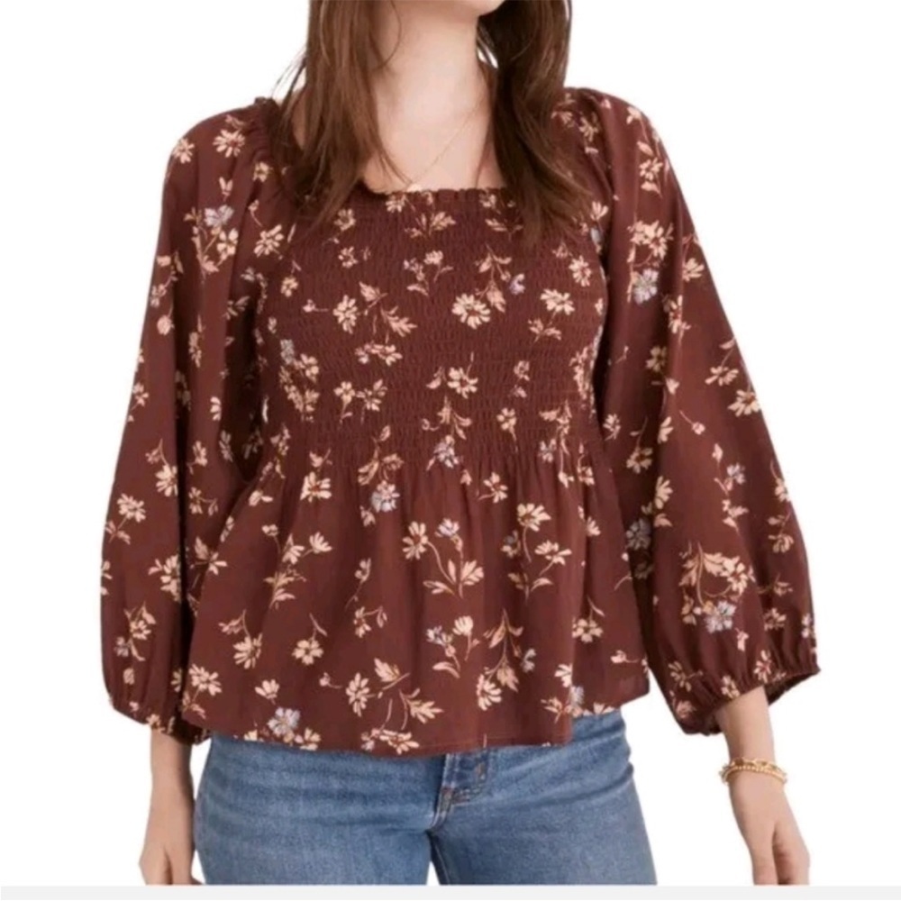 Madewell Lucie Smocked Square Neck Peplum Floral Blouse Size 2 NWT